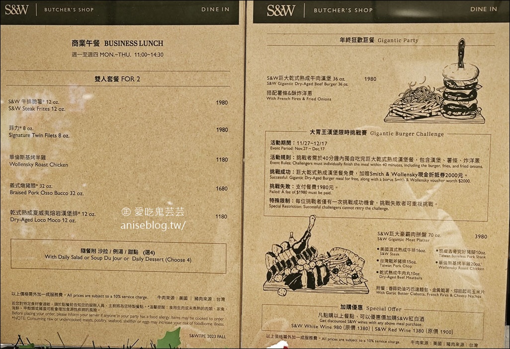 S&W Butcher’s Shop，大胃王挑戰36oz大漢堡，成功者免費再加贈2000禮券！年終狂歡巨餐有禮啦~